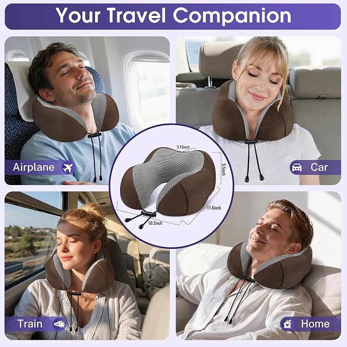 CloudBliss Travel Pillow for Plane, Memory Foam Neck Pillow for Travel, Airplane Pillow with Eye Mask, Earplugs, Storage Bag, Compact Neck Pillow for Long Flight, Car & Office, Trip Essentials, Brown