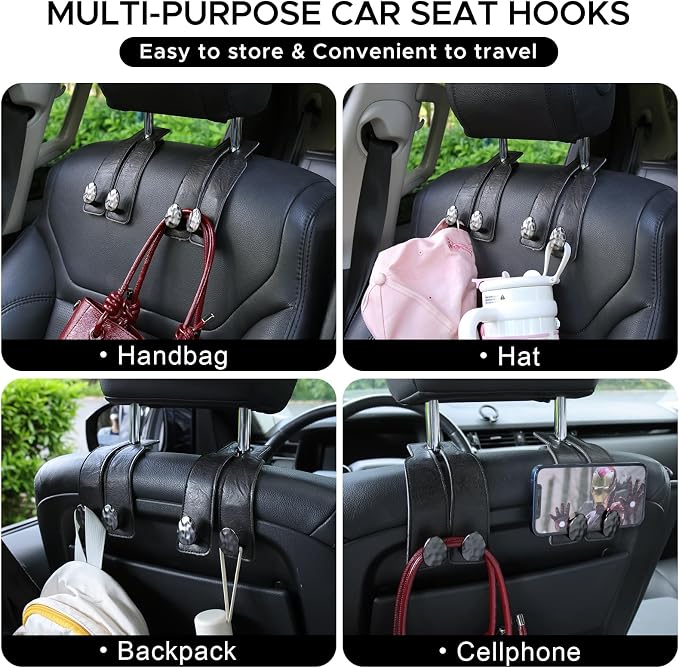 Leather Car Purse Hook for Headrest, 4 Pack (Black-Black) | Twin Hooks Headrest Hangers, 2/4 Pack, No-Slip, Scratch-Proof, Holds Purses, Backpacks, Grocery Bags, Car Organizer Gift