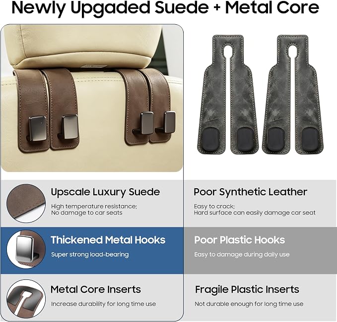 Amooca 4 Pack Car Headrest Hooks, Premium Suede with Metal Hook Car Seat Back Storage Hanger for Purses, Handbags,Grocery Bags - Brown