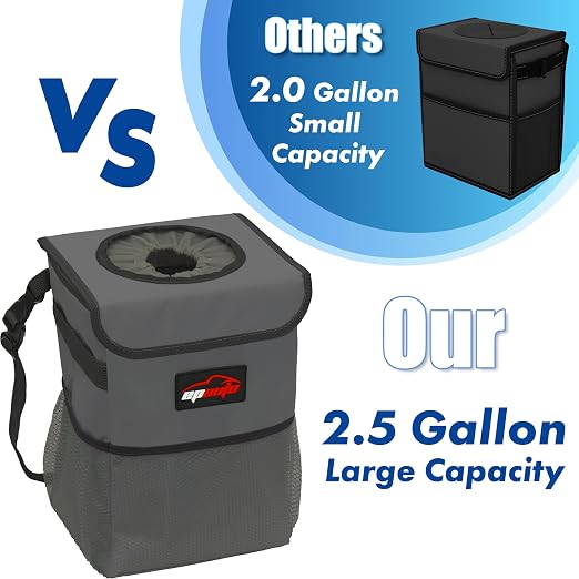 EPAuto Waterproof Car Trash Can with Lid and Pockets, 2.5 Gal, Dark Gray | Leakproof, Collapsible Multipurpose Car Bin with 3 Side Storage Pockets, Adjustable Straps