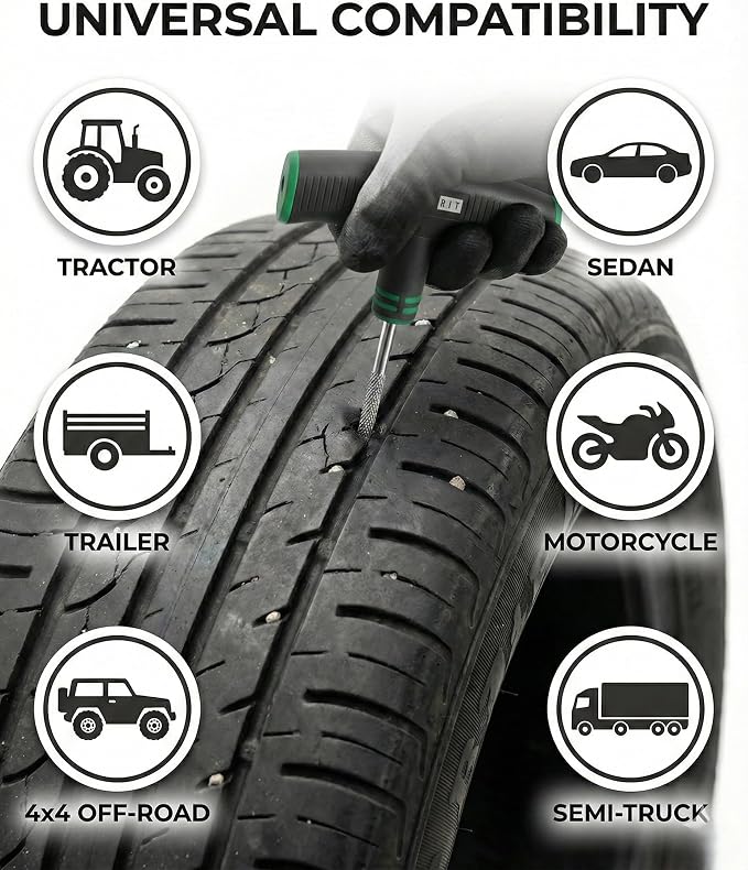 20PCS Tire Repair Kit – Flat Tire Plug Kit includes Ergonomic T-Handle Tools with Rubber Covered Grip, 2 Sizes Tire Repair strips, Knife, Tire Pressure Gauge & Lubricant – Car, SUV, Motorcycle, ATV