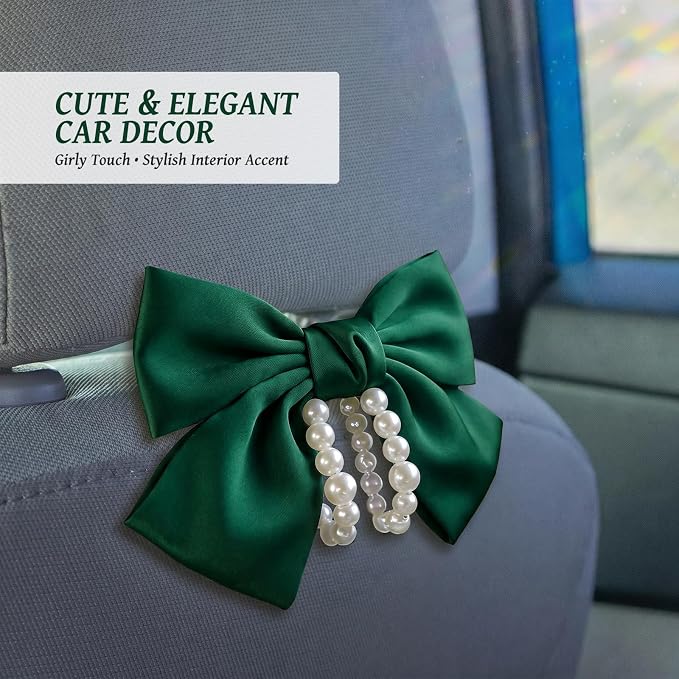 2 PCS Bow Pearl Car Seat Headrest Hook β Cute Purse Hook for Car, Girly Interior Decoration Accessories Hook Hanger, Seatback Holder for Purses & Bags, Elegant Car Organizer (Galactic Green)