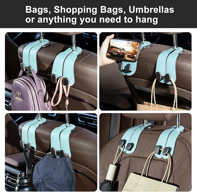 CoBak Purse Hook for Car - Universal Premium Stitched Leather and Aluminum-Magnesium Alloy Double Car Seat Back Storage Hook for Purses, Handbags, Bags (2 Pack),Baby Blue