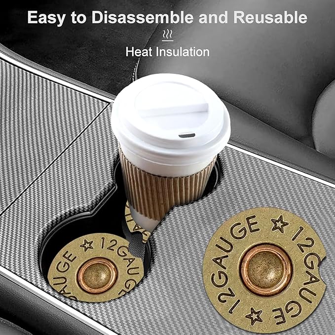 2 Pack Cool 12 Gauge Bullet Car Cup Holder Coasters Universal Neoprene | 2.75" Universal Size Anti Slip Rubber Mat, Auto Cup Holder Accessories for SUV Truck, Bullet Gifts for Men Dad