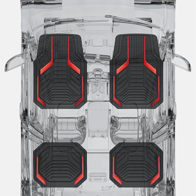 PIC AUTO Heavy Duty Rubber Floor Mats, Red Aluminum Film Car Mats Set, Front and Rear Car Mats with Anti-Slip Backing, All Weather Protection, Trim-to-Fit for Automotive SUV, Sedan, Van