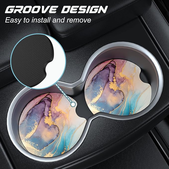 Aiawoxc Car Cup Holder Coasters, 2 Pack Universal Auto Anti Slip Insert Coaster with A Finger Notch, Cute Car Assecories for Women Men, Cup Mat for Most Interior, Purple Ink Marble
