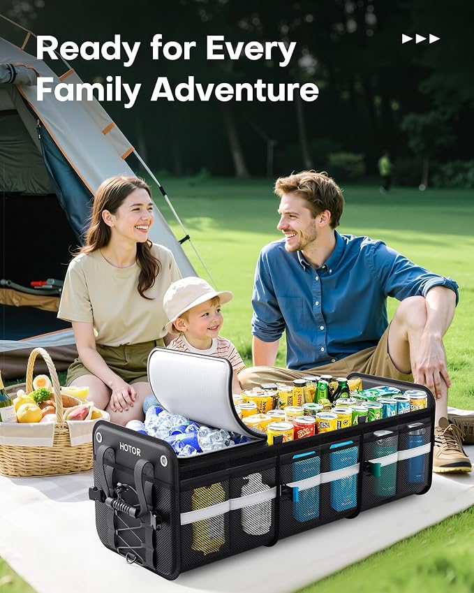 HOTOR Trunk Organizer - 3-Compartment Car Organizer and Storage with Cooler Bag, Foldable Car Storage Organizer for SUV with Handles & Strap for Shopping, Picnic, 33.1" x 13.0" x 11.8", Black