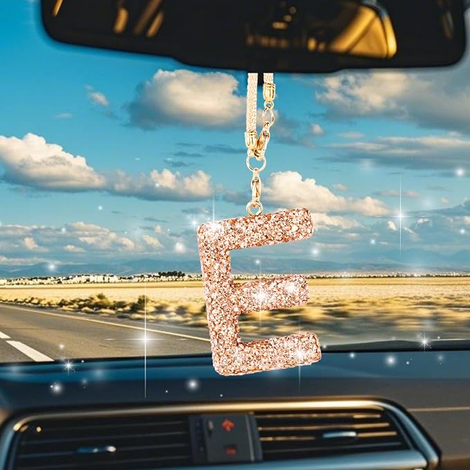 Bling Car Accessories for Women Letter Charm, Rainbow Crystal Rearview Mirror Pendant, Cute Diamond Rhinestone Car Decor, Lucky Gift for Women(E, Champagne Gold)