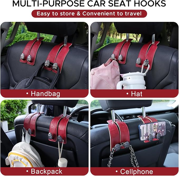 Leather Car Purse Hook for Headrest, 2 Pack (Red-Black) | Twin Hooks Headrest Hangers, 2/4 Pack, No-Slip, Scratch-Proof, Holds Purses, Backpacks, Grocery Bags, Car Organizer Gift