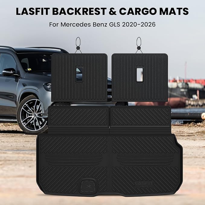 LASFIT Cargo Mat & Backrest Mat (3 Pieces) for Mercedes Benz GLS 450/580 /63 AMG 2026 2025 2024 2023 2022 2021 2020, All Weather TPE Cargo Liner Custom Fit GLS 2020-2026 Trunk Mat with Seatback