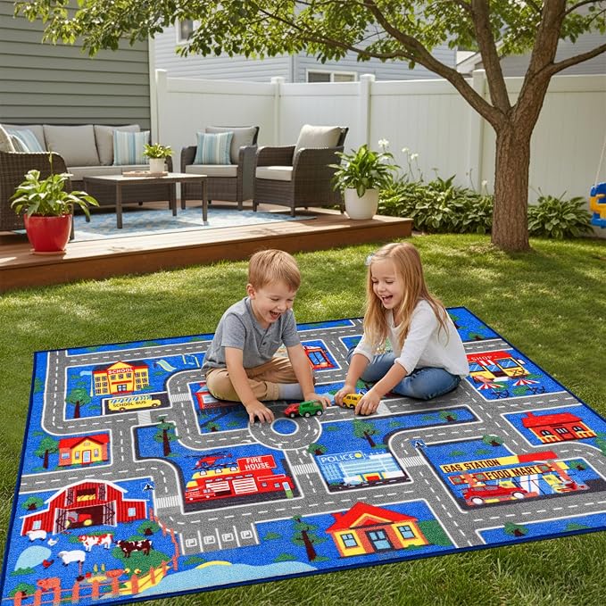 Kids Carpet Playmat Rug 59"x39.4", Car Rug for Kids Cars, Non-Slip Town City Road Map Kids Rugs for Playroom Bedroom Boys, Kids Cars Play Mat Track Road Rugs for Kid (59X39.4Inch,Blue)