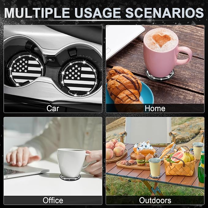 JUSTTOP Bling Car Cup Holder Coaster,4PCS American Flag Cup Holder Insert,Universal Non-Slip Cup Holders,Car Accessories Interior for Women and Man(Black)