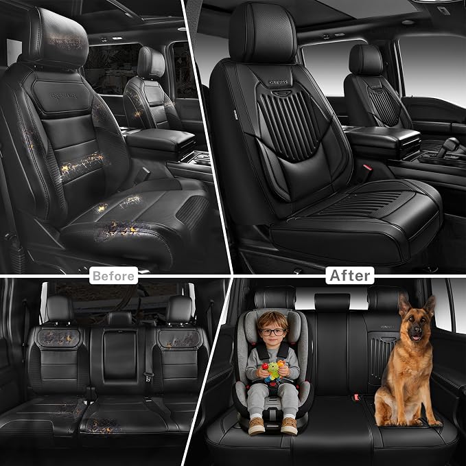 CAR PASS Luxury Nappa Leather Car Seat Covers Full Set, Lumbar Support Seat Covers for Car 5 Seats, Waterproof Car Seat Protector, Automotive Seat Covers Universal Fit for Most Sedans SUV Trucks Black
