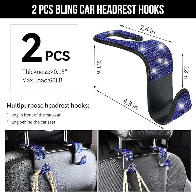 CAR PASS 30 PCS Bling Diamond Car Accessories Set for Women, Bling Steering Wheel Covers 15 Inch, Shining Rhinestone License Plate Frame, Sparkly Phone Holder, Cute Interior Set Decorations, Blue