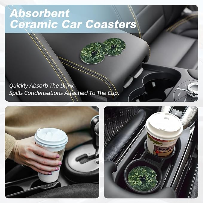 Cat in The Meadow Car Coasters for Cup Holders,2 Pack Car Cup Holder Coasters for Car,Ceramic Absorbent Car Coaster with A Finger Notch and Cork Base,Car Interior Accessories for Women Men