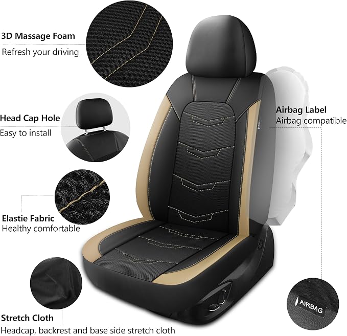 HChengkikz Car Seat Cover, Breathable and Sporty (Black + Beige) | Leather, Universal Fit for Most SUVs, Cars, Sedans, Trucks, Airbag Compatible, Easy to Install
