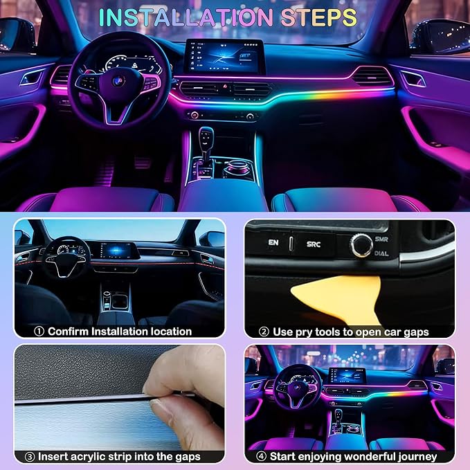 Interior Car LED Strip Lights, RGB Dynamic Dreamcolor Chasing Acrylic LED Lights for Car, USB Powered Ambient Lighting Kits with Wireless APP, Sound Active Function Car Neon Lights (1 in 1)