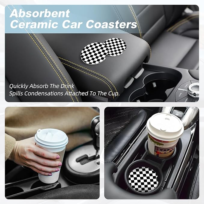 Black White Checkered Car Coasters for Cup Holders,2 Pack Car Cup Holder Coasters for Car,Ceramic Absorbent Car Coaster with A Finger Notch and Cork Base,Car Interior Accessories for Women Men
