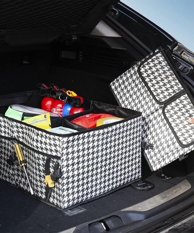 Car Trunk Organizer,Car Accessories Multi Compartment Automotive Storage Box,Waterproof Adjustable Vehicle Trunk Organizers,Suitable for Most Cars,SUV,Sedan,Trucks,Minivan (Black and White)