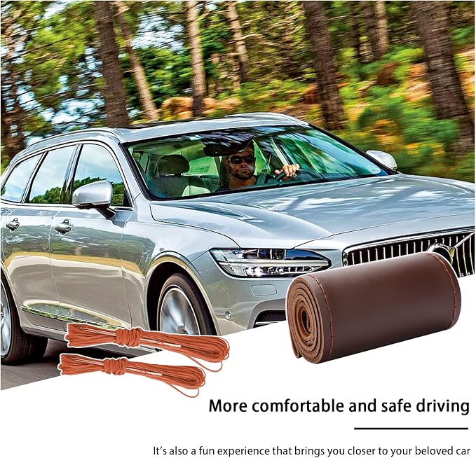 Kewucn Genuine Leather Steering Wheel Cover, 15" Universal Car Steering Wheel Protector with Needle Thread, Breathable Anti-Slip Steering Wheel Cover DIY Stitch on Wrap (Coffee, Glossy)