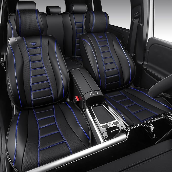CAR PASS Nappa Leather Seat Covers, Universal FIT Piping Leather Car Seat Cover Full Set for Cars,SUV,Truck 3D Foam Waterproof Leather Seat Covers 5 Luxury Comfy Durable Airbag Compatible Black Blue