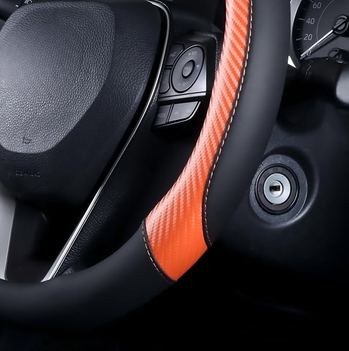 Carbon Fiber Steering Wheel Cover - Premium Perforated Leather Sport Wrap with Odorless Rubber Non-Slip Inner, Universal Fit for Cars SUVS - 15 Inch (Orange)