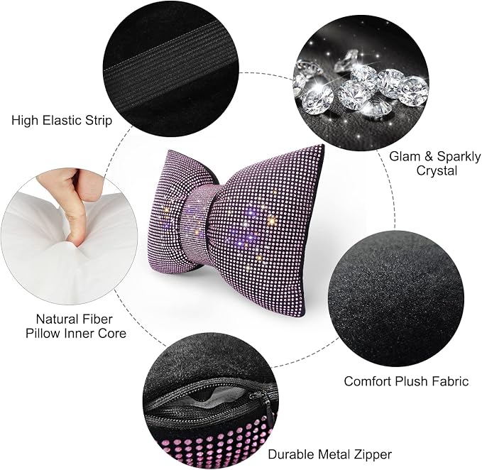 surpassme 2PCS Rhinestone Car Headrest Neck Pillow for Driving with Bling Bling Crystal Bow Pillow Car Accessories for Women (Pink)