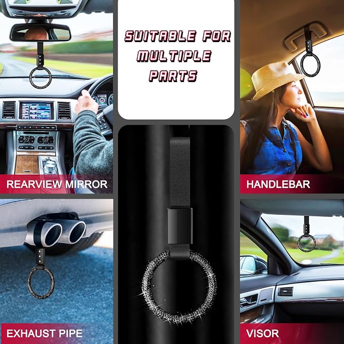 Fabbay Round Car Handle Strap Drift Charm Car Accessories Bling Handle Ring for Women Rear Bumper Warning Ring Decor for Auto Bus Interior Exterior Decoration (Black, Round Style)