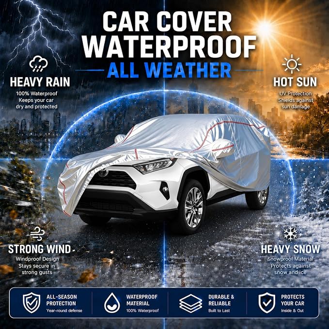 Waterproof All Weather Heavy Duty Vehicle Cover, 360° Underbody Wrap Windproof Design, Quick Install Outdoor Cover,(for Toyota Rav4 2006-2025)