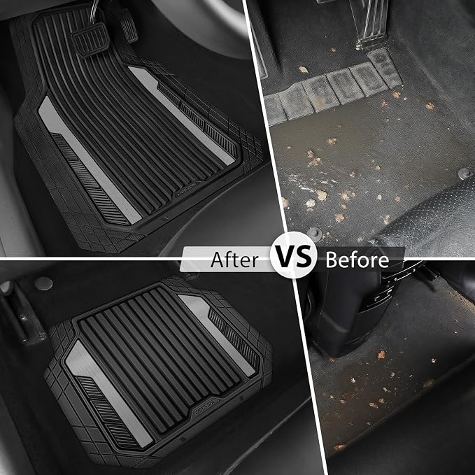 CAR PASS Heavy Duty Rubber Car Mats Metallic, Aluminum Film All Weather Floor Mats Waterproof Universal Trim to Fit Automotive SUV Sedan Van Truck 4 Piece Deep Dish Two-Tone Sporty Black Gray Chrome