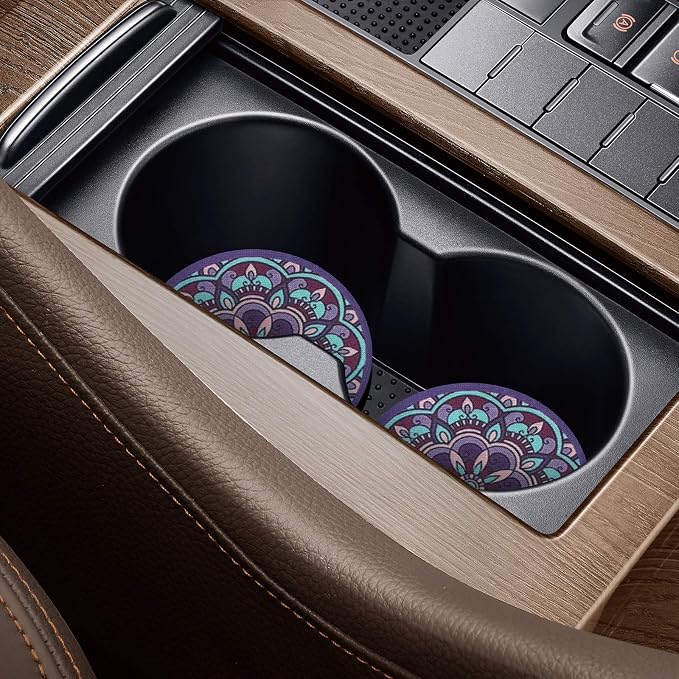 tifanso 2PCS Mandala Non-Slip Car Cup Holder Coasters for Women | Universal Fit for Standard Cup Holders, Easy to Clean & Remove, Adorable Floral Decor, Ideal Gift for Girls & Car Lovers