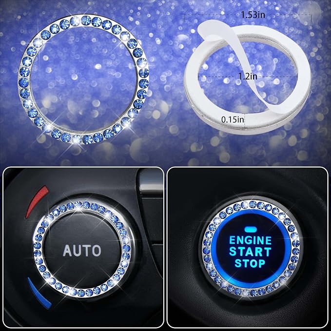 CAR PASS 23 PCS Bling Diamond Car Accessories Set for Women, Leather Seat Covers Full Set Sparkly Rhinestone15'' Steering Wheel Covers Shining Diamond Floor Mats Cute Car Interior Sets,Blue