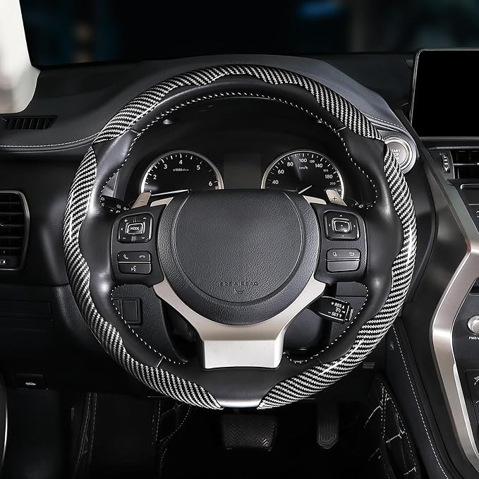 Carbon Fiber Steering Wheel Covers 3 Piece Clip on Steering Wheel Cover (Silver)