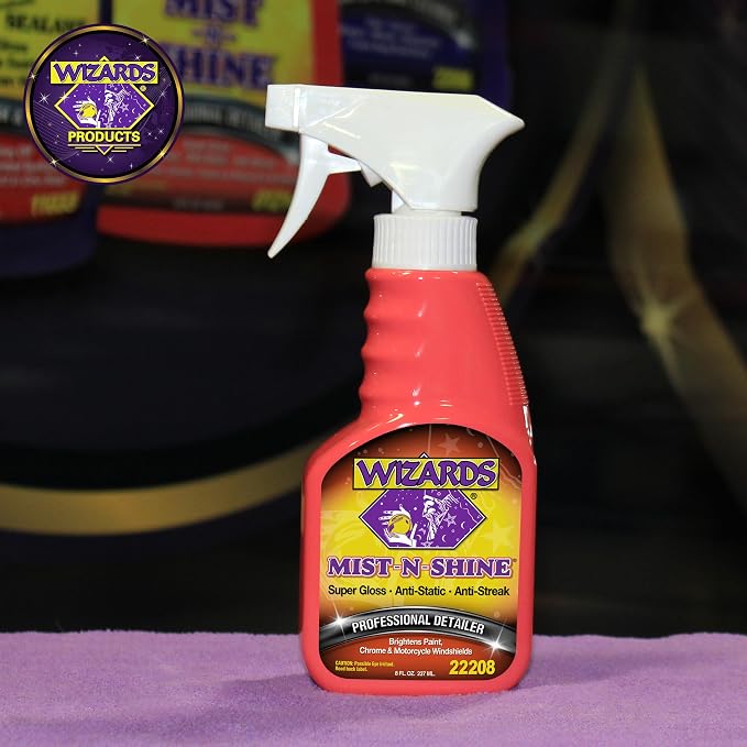 Wizards Mist-N-Shine Quick Detailer Spray - Waterless Wash - 8 oz | Anti-Static Formula for Paint, Chrome, Glass, Plastic, and Rubber Trim, Wax-Free, No Petroleum Solvents, Cars, Bikes, Boats