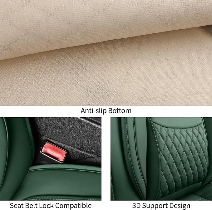 Green Thick Nappa Leather 3D Contoured Automotive Car Seat Covers Full Set | Univerasal Precision Fit,Lumbar Support,3D Contoured,Waterproof,ThickTexture,for most Suvs Trucks Sedans
