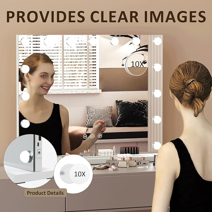 Lighted Vanity Mirror with Lights — 15 LED Bulbs 3 Color Modes Touch Control Makeup Mirror with Detachable 10X Magnifying Mirror, Tabletop & Wall Mount for Bedroom Dressing Table