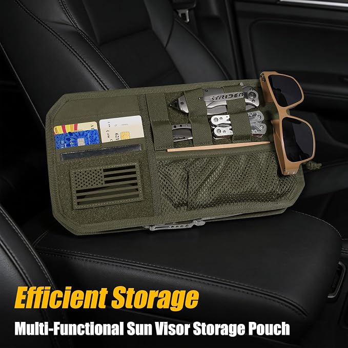 Car Sun Visor Organizer, Tactical Sunvisor Organizers Storage Covers for Trucks, Molle Panel with Pockets Zipper Visor Storage Pouch Accessories, Fits Most Vehicles, SUVs & Jeeps (RG-NEW)