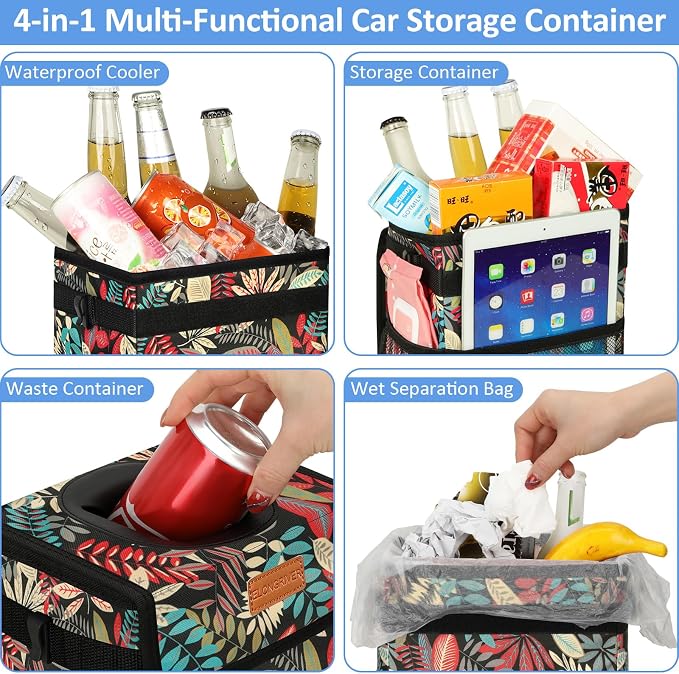 ELONGRIVER Car Trash Can Bin for Back Seat Leak Proof, Cute Car Trash Bag Hanging, Vehicle Trash Can for SUV Truck Van, Automotive Garbage Cans Front Seat Red Leaves