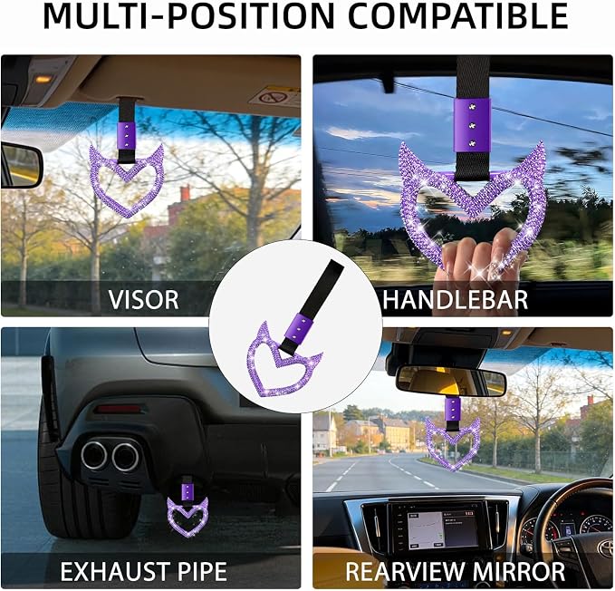 NBTEPEM Bling Heart Handle Keychains Bling Car Accessories for Women Hand Strap Drift Charm Rear Bumper Warning Ring Tsurikawa Heart Decor for Car Interior Exterior Decoration (Purple, Devil Style)