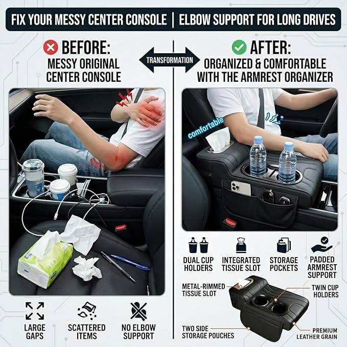 Car Armrest Cover, Embroidered Leather Car Armrest Cushion 4-in-1 Center Console Organizer with Dual Cup Holders, Tissue Box, 2 Side Storage Pockets & Card Slot, Universal for Most Cars