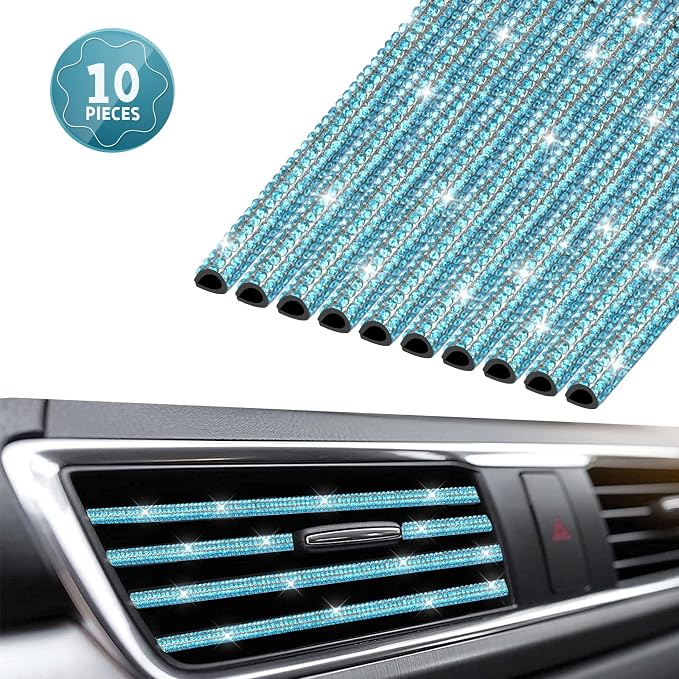 INSAUTO Bling Car Vent Outlet Trim,Bling Car Accessories for Women, 10pcs Rhinestone Bling Car Air Conditioner Vent Decoration Strips(Blue)