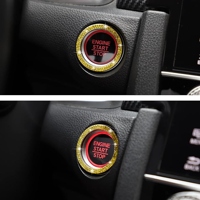 WINKA 2pcs Bling Car Engine Start Button Cover Diamond Crystal Push Start Stop Button Ring Sparkly Bling Ignition Button Cover Rhinestone Keyless Ignition Ring Universal Car Accessories (Yellow)