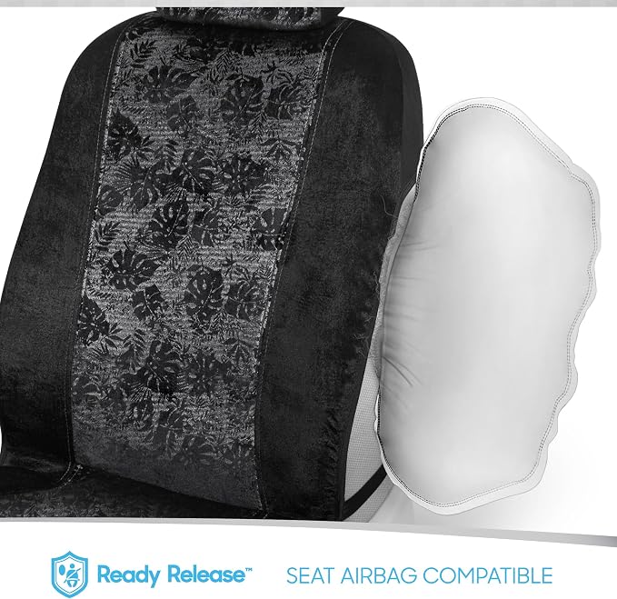BDK Black Maui Car Seat Covers for Front Seats, 2 Pack – Tropical Pattern with Matching Headrest, Sideless Design for Easy Installation, Fits Most Car Truck Van and SUV