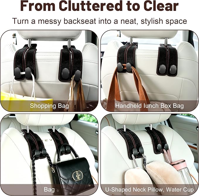 SUKIPIN Car Hooks, Car Seat Headrest Hooks for Purses and Bags 2-Pack Black | Car Accessories for Women, Solid Durable Construction, Quick Tool-free Mounting, Universal Fit for Most Vehicle Headrests