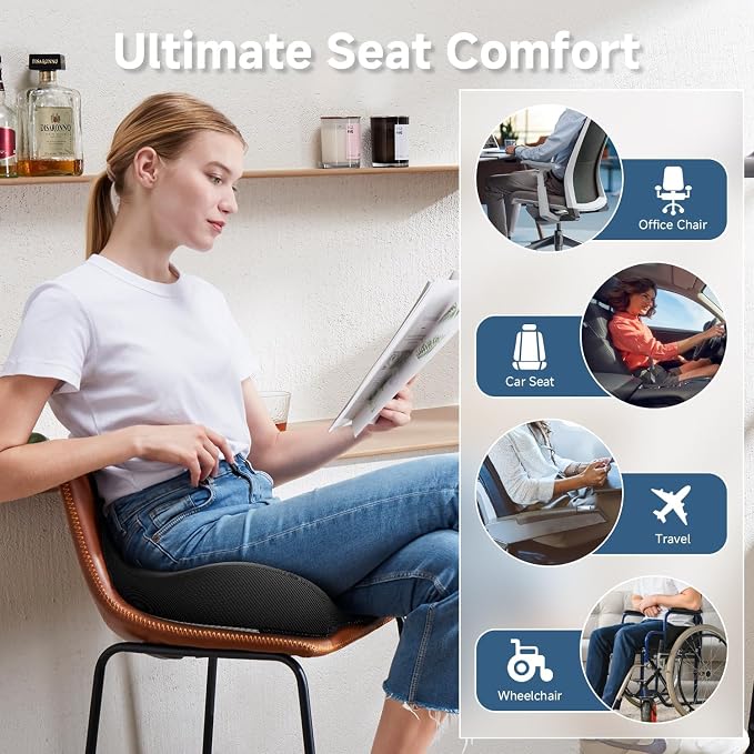 Benazcap Large Cooling Gel Memory Foam Seat Cushion for Long Sitting | Ergonomic cushion. Relieves sciatica, tailbone & lower back pain, great for office work, gaming and long-distance car travel.