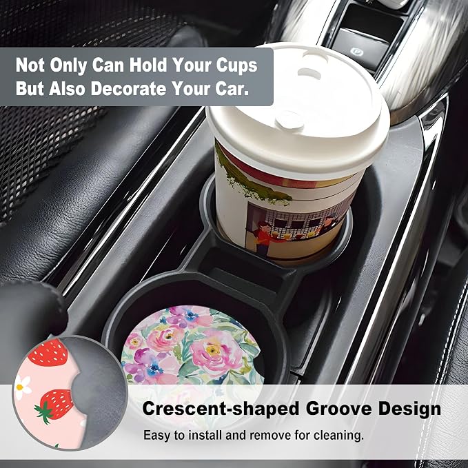 2 Pack Car Coasters for Cup Holders, 2.56" Universal Absorbent Ceramic Stone Car Cup Holder Coasters with Non-Slip Cork Base, Car Interior Accessories for Women Men(Cute Strawberry)