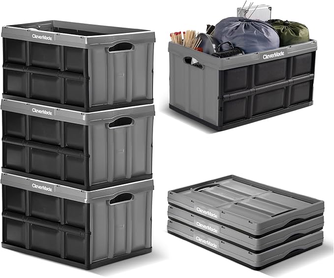 CleverMade Collapsible Plastic Storage Bins, 62L 3 Pack, Stackable, Ocean | Built-in handles simplify garage, car and household organization, while the roomy open-top keeps bulky supplies accessible