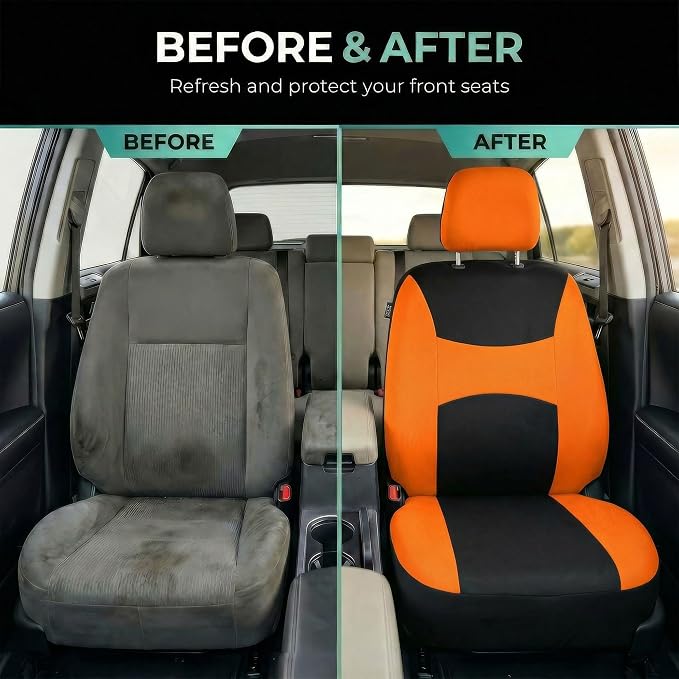 FH Group Universal Car Seat Covers Front Set for SUV Truck Sedan Vans | Waterproof All-Purpose Cloth Seat Cover Set Airbag Compatible Washable Split Bench Protector Interior Upgrade - Orange