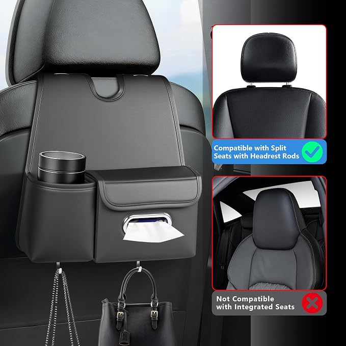 Seat Back Organizer, Car Back Seat Storage Box with Tissue Box | Car Storage, Multifunctional Drink Cup Holder Organizers with Tissue Storage Box Organizer, Backseat Hanging Storage Pocket