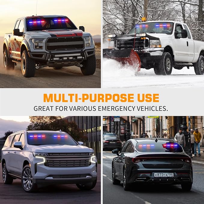 XRIDONSEN Emergency Dash Strobe Lights Safety Flashing Warning Hazard Caution Interior Front/Rear Windshield Deck Split Light Bar w/Suction Cups for Vehicles Trucks (2x14 inch, Red Blue)